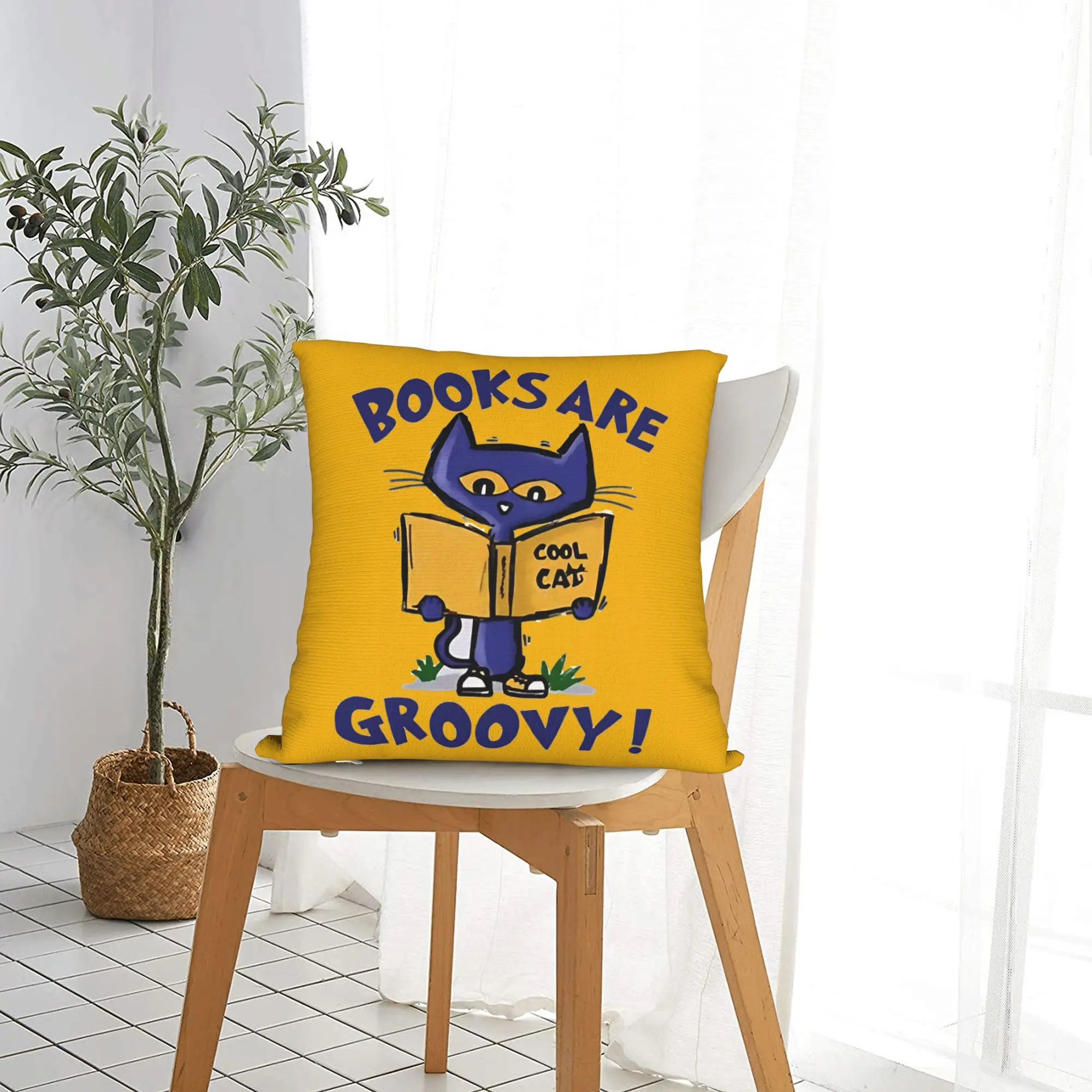 Petes the cat   Books Are Groovy  Square Pillow Cases Cute Kitten Cap  Cushion Covers Zippered Decorative Pillowcase for Seat