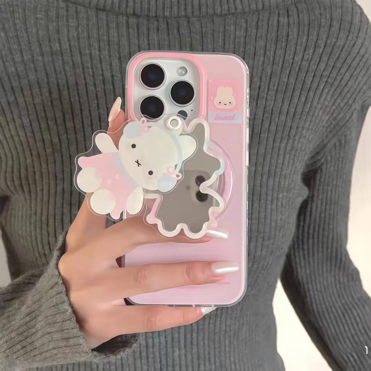 Miffy phone case holder makeup mirror suitable for iPhone 11-16Promax all series cartoon anti drop silicone protective soft case