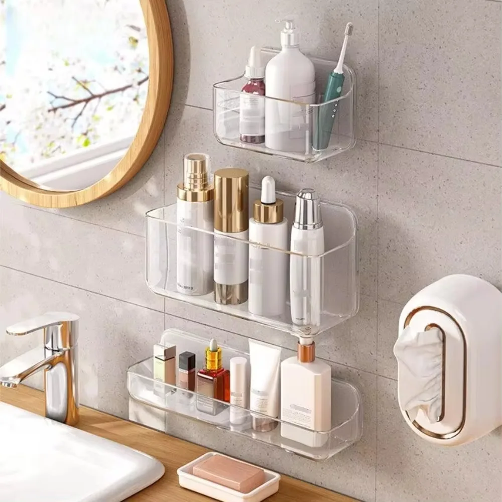 Quality Transparent Bathroom Organizer Rack Wall Mounted Non-drilling Bathroom Storage Rack PET Removable Holder Shelf Bathroom