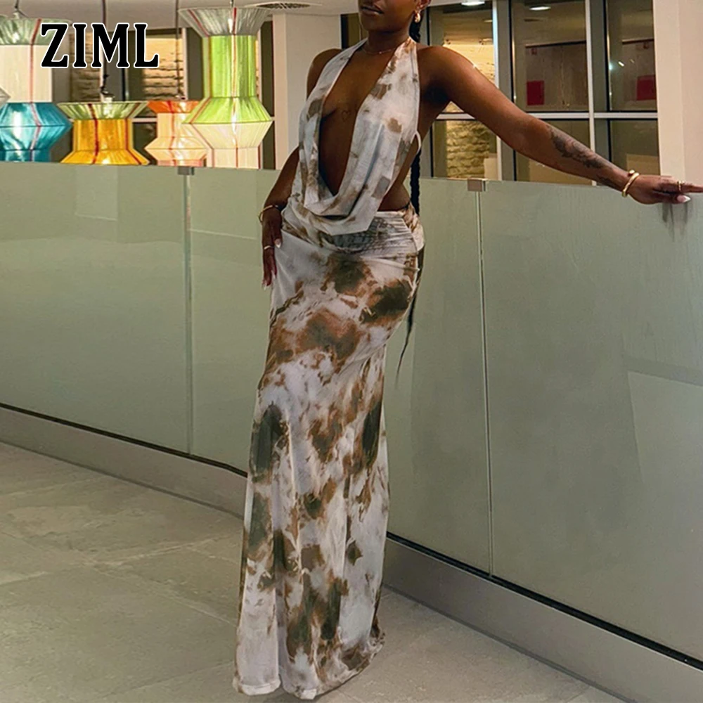 

ZIML Hit Color Two Piece Sets for Women Halter Sexy Backless Short Tops High Waist Folds Long Skirts Chic Set Female Fashion New