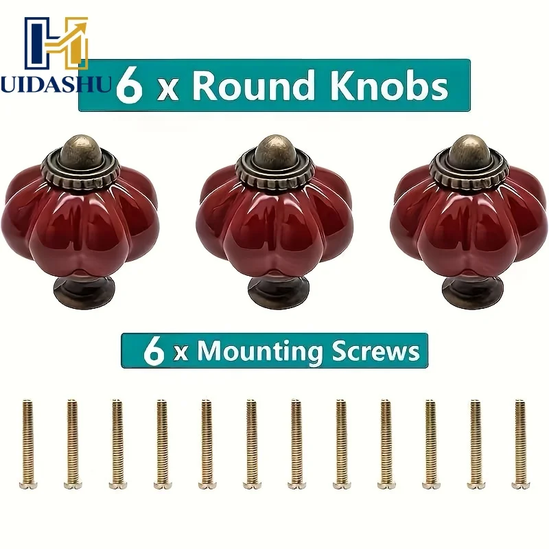 6pcs Retro Deep Red Pumpkin Knobs 6Pcs Cabinet Drawer Handle Vintage Furniture Pulls Dresser Wardrobe Knobs 3.51x3.81cm