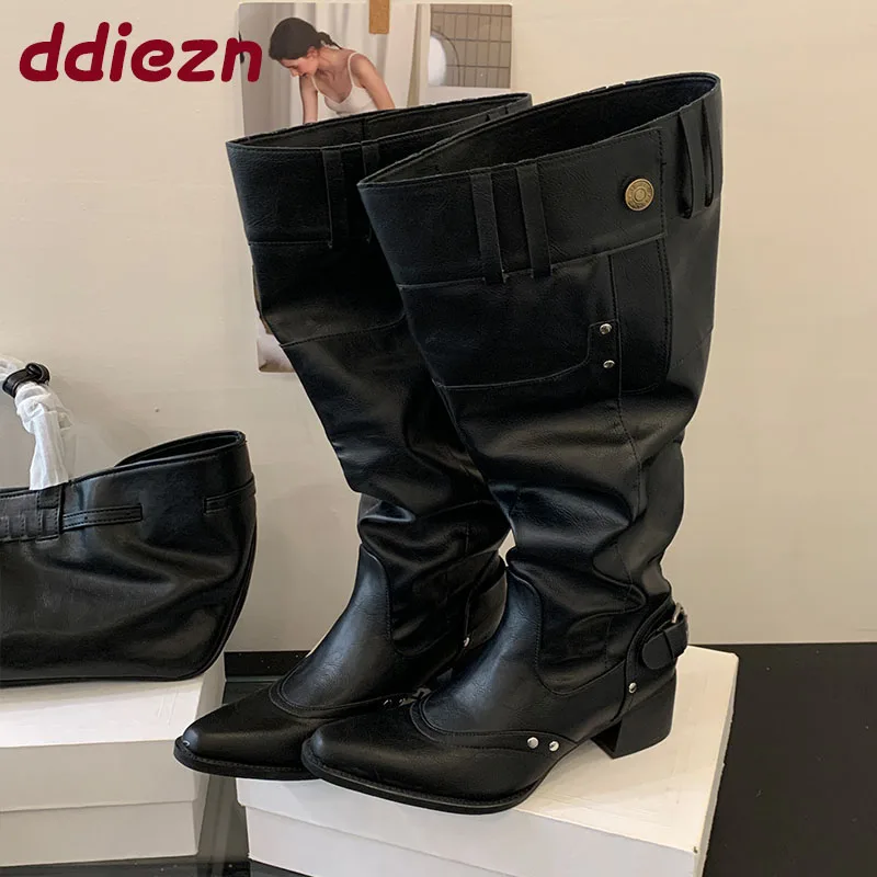 

2025 вечерние женские современные сапоги до колена на каблуке, женская обувь с пряжкой, модные женские высокие сапоги с острым носком, туфли-лодочки