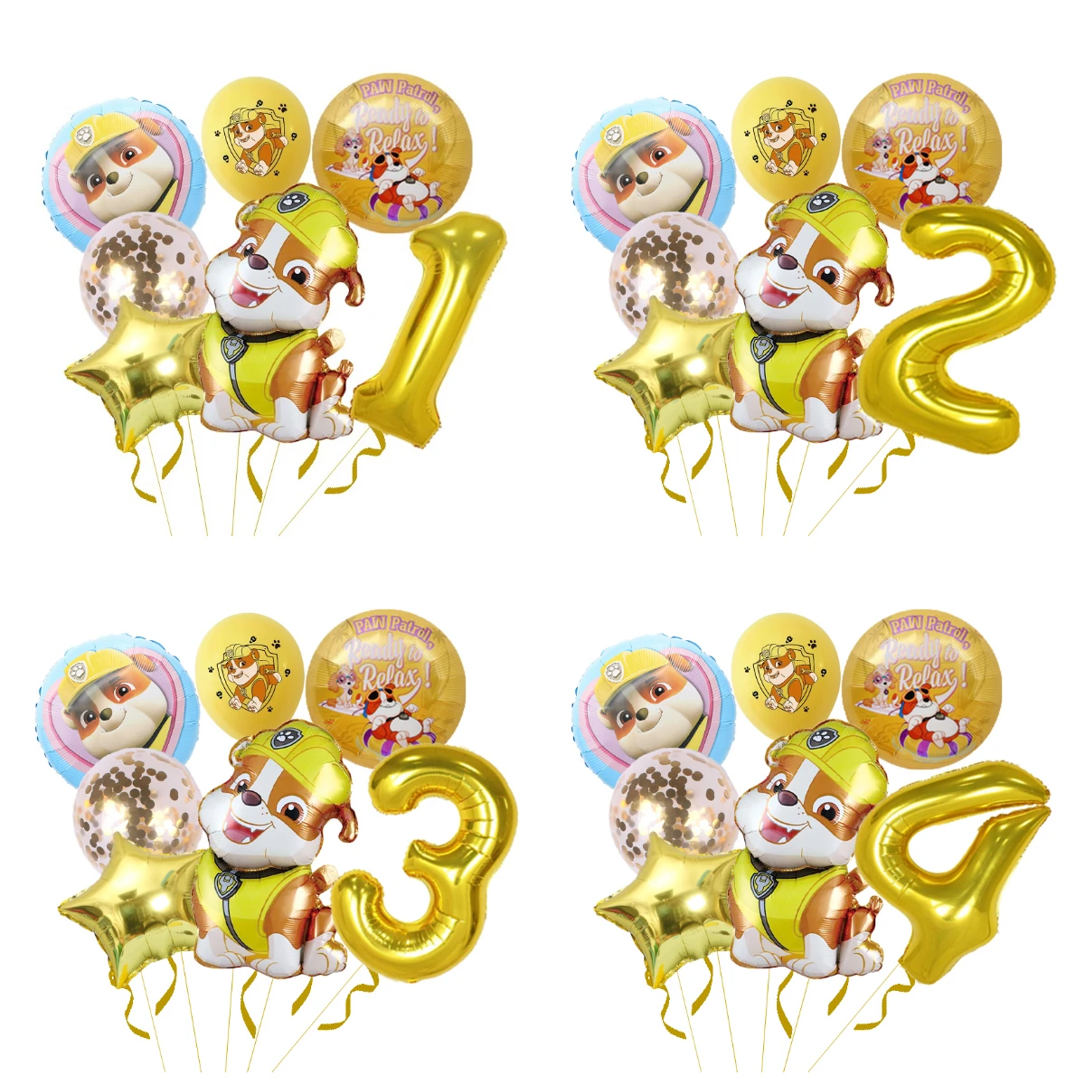 Set de 7 Globos de Paw Patrol Rubble, Globos de Látex con Número Dorado del 0 al 9, Globos de Confeti, Decoración para Fiestas de Cumpleaños, Globos