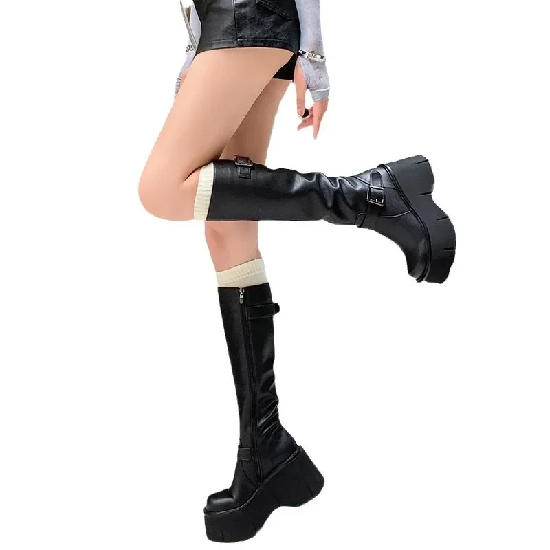 Women's Shoes Basic Women's Boots Classics Knee-High Boots Women Belt Buckle Side Zip Round Toe Wedge Platform Shoes Ladies view 5