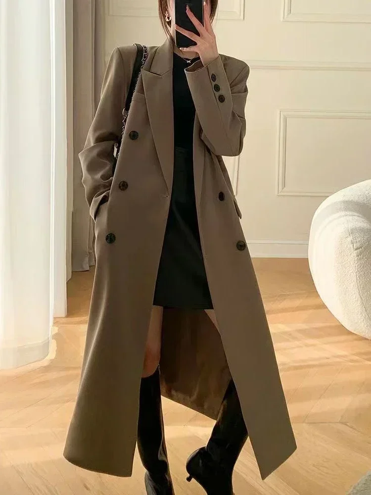 Trench Coat for Women Suit Collar Double-breasted Solid Color Long Coat Elegance Office Lady Jackets Autumn Winter Clothes Women