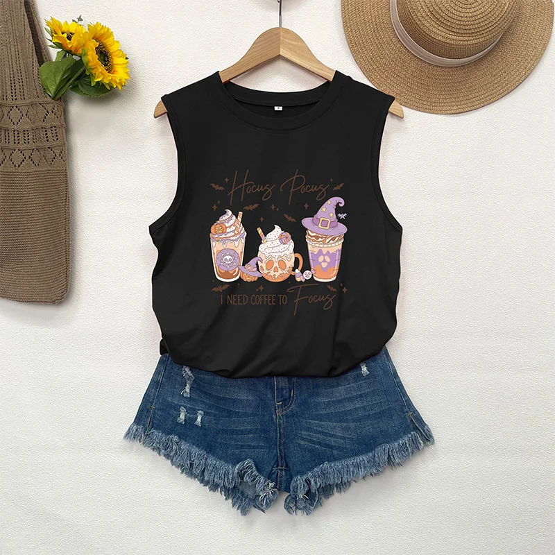 Hocus Pocus Halloween Coffee Pumpkin Printed Women's Vest Sleeveless Casual Summer New Round Neck Women's Top