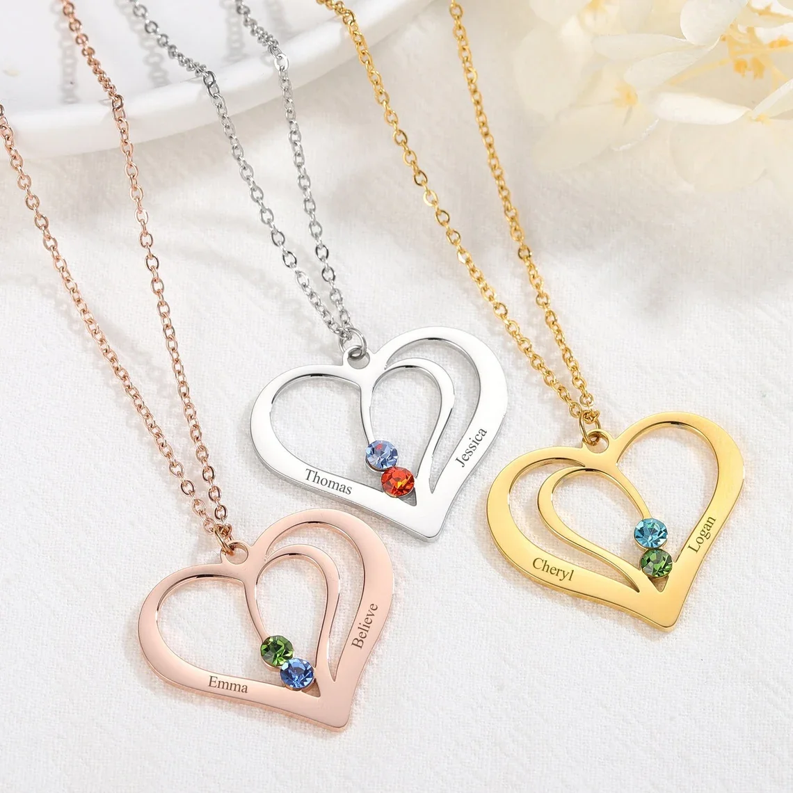 

Custom Family Name Heart Necklace Engrave 12 Birthstones Pendant Personalized Jewelry Customized Gift for Mom and Grandma