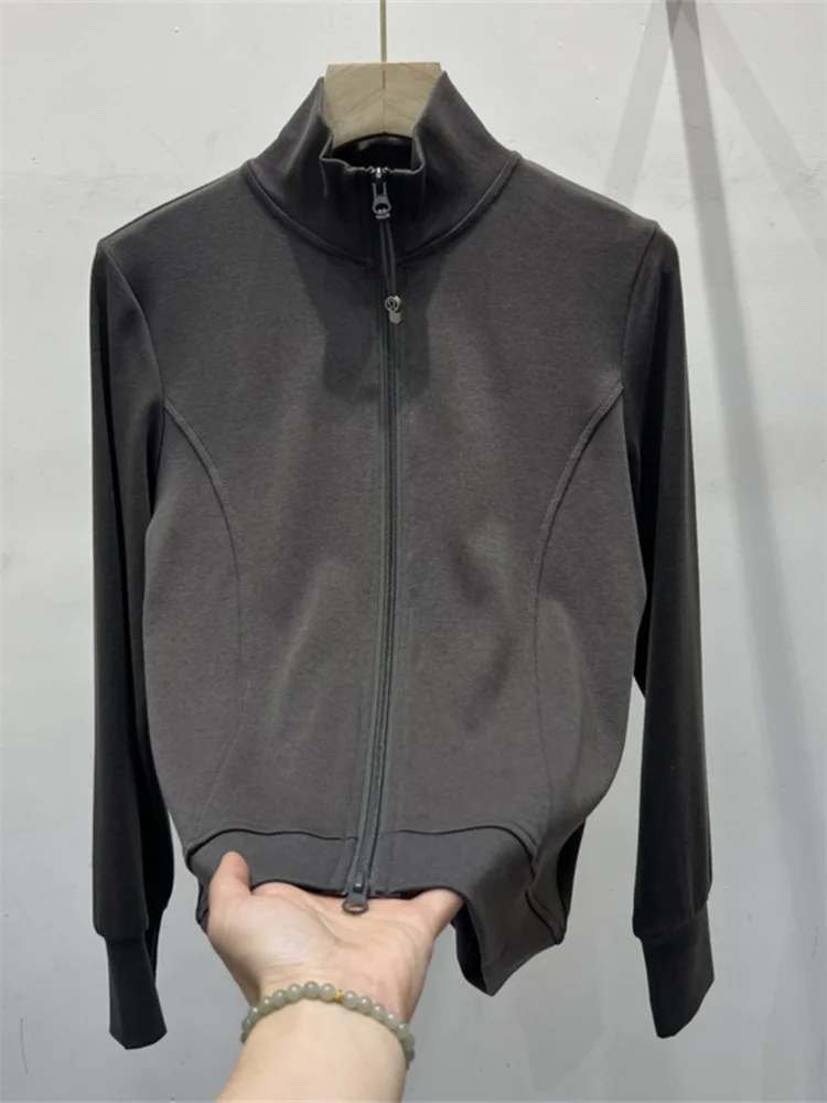 Spring 2026 Women's Pure Color Casual Short Outerwear Cardigan Double Zipper Stand Collar Ribbed Base Shirt Top Fashion