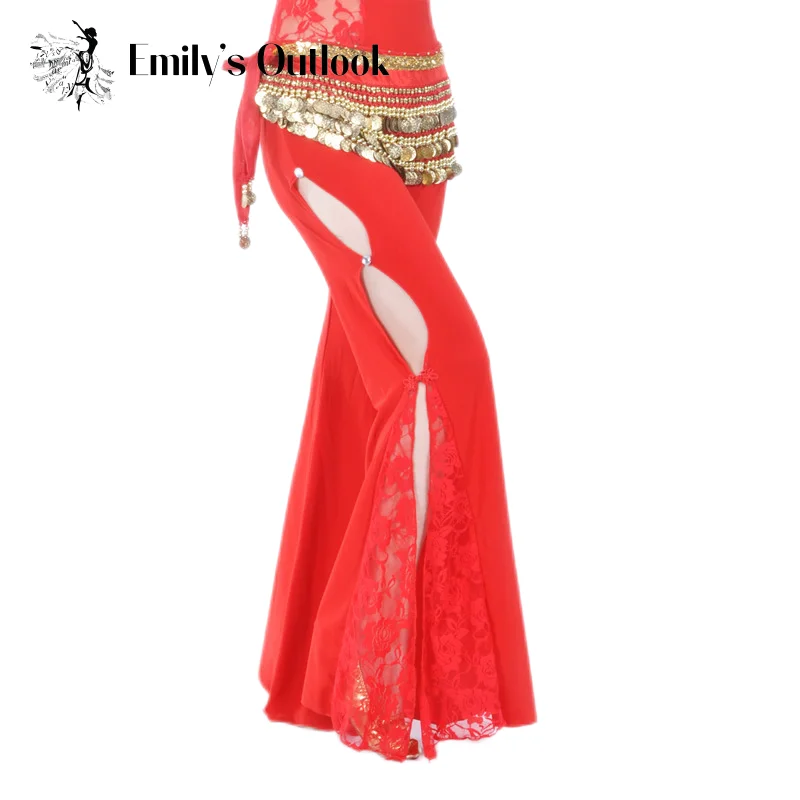 Women Lace Floral Flared Long Pant Belly Dance Clothes Side Slit Design Elastic Waistband Complementary Bollywood Practice Wear