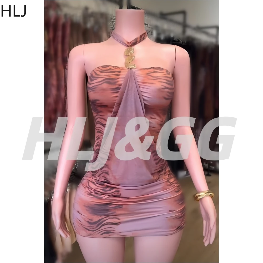 

HLJ Summer New Sexy Tiger Printting Patchwork Bodycon Mini Dresses for Woman Halter Neck Sleeveless Backless Dress Streetwear