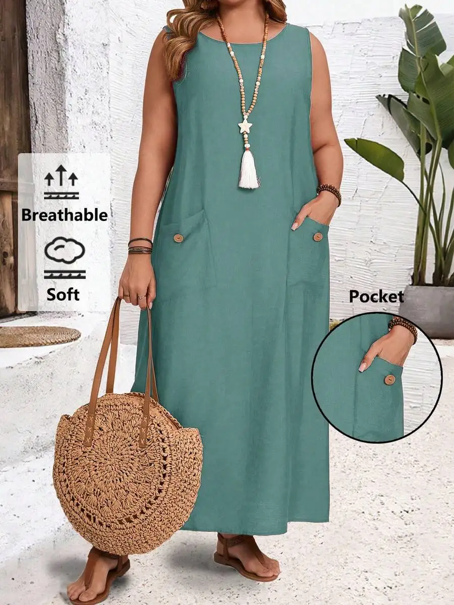 

Plus Size Women Sleeveless Solid Color Casual Straight Maxi Dress With Pockets
