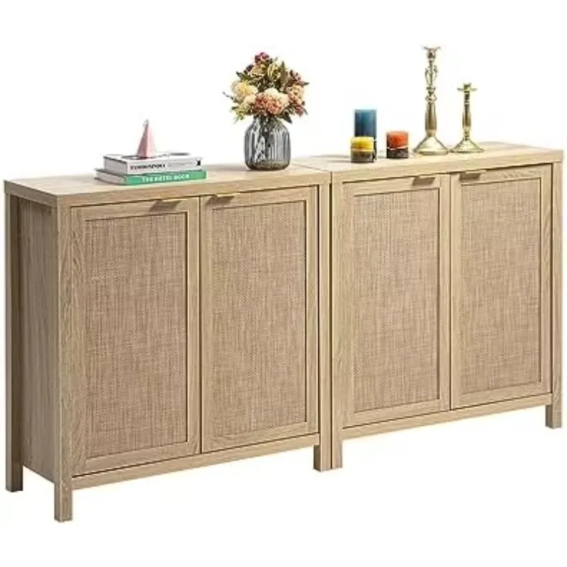Rattan Sideboard Buffet Cabinet with Large Storage : Boho Credenza | 2 Pieces Coffee Bar Storage Cabinet with