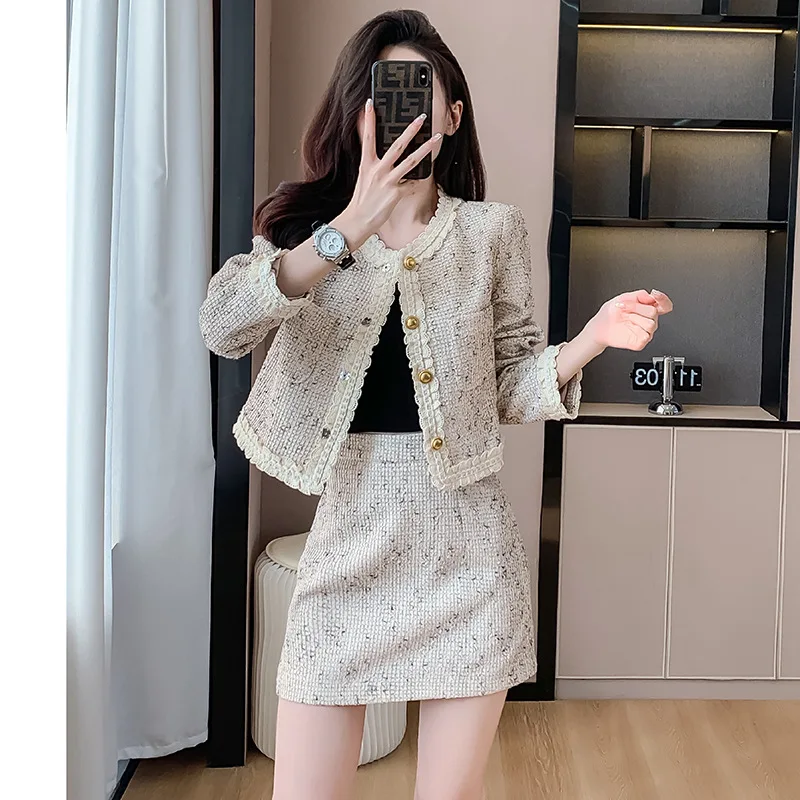 Twill Outward and Midi Dresses Two-piece Autumn Long Sleeve A-line High Waist Woman Clothing Sequins Solid French Vintage Dress