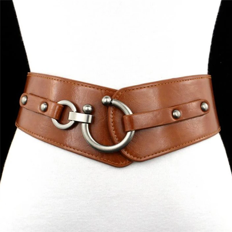 New Fashion Elastic Wide Belt Strap Vintage Women Faux Leather Buckle Elastic Wide Belt Strap Solid Color Waistband