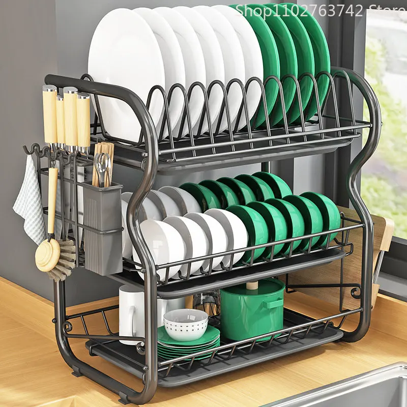 Cutlery Rack Stainless Steel Drying Rack Bowl Dish Draining Shelf  Kitchen Organizer 3 Tiers Dish Drainer Dryer Tray Holder