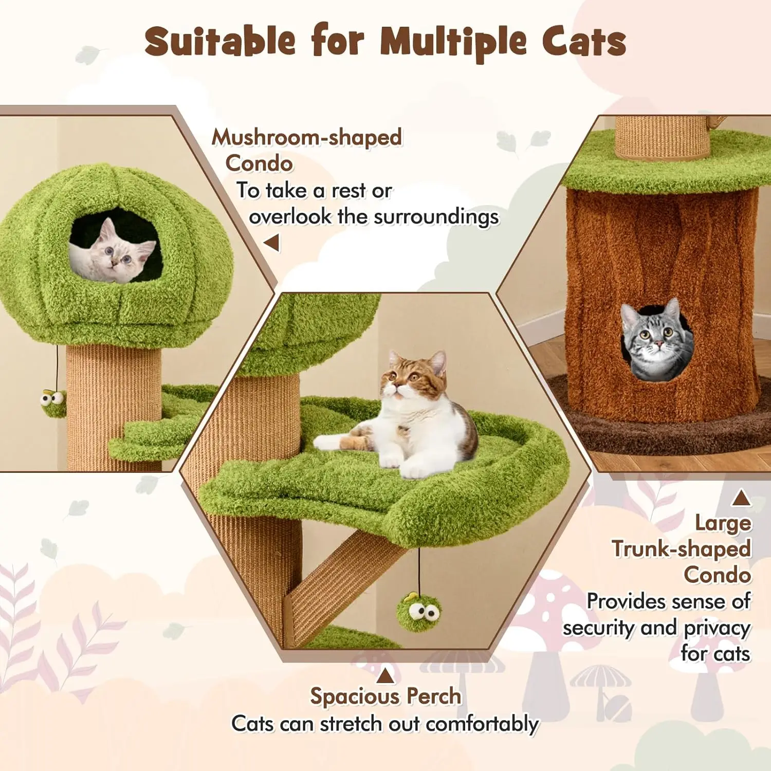 58 Inch Forest-Themed Cat Tree, Multi-Level Cat Tower with 2 Cute Condos, Plush Perch, Teasing Balls, Sisal Posts,, Customized - view 4