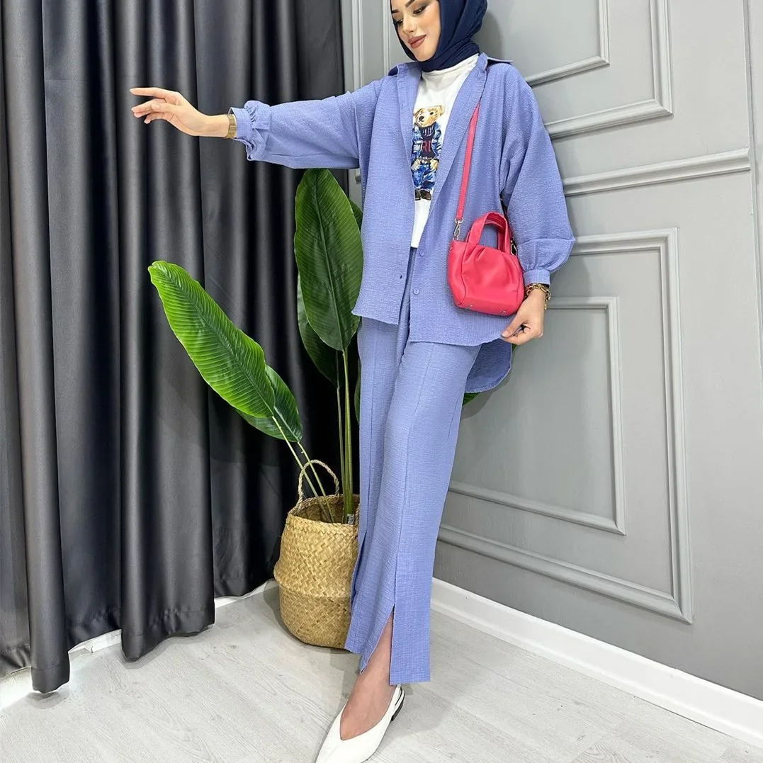 Women Eid Muslim Sets Single Breasted Two Pieces Cardigan Ensemble Kaftan Button Blouses Wide Leg Pants Arab Sporty Loose