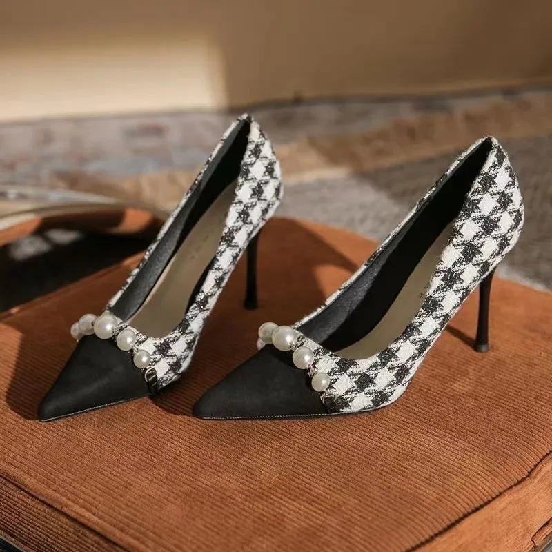 New Women High Heels Dress Houndstooth Pumps Black Toe Costume Tweed Boat Pearls Designer Dress Work Shoes