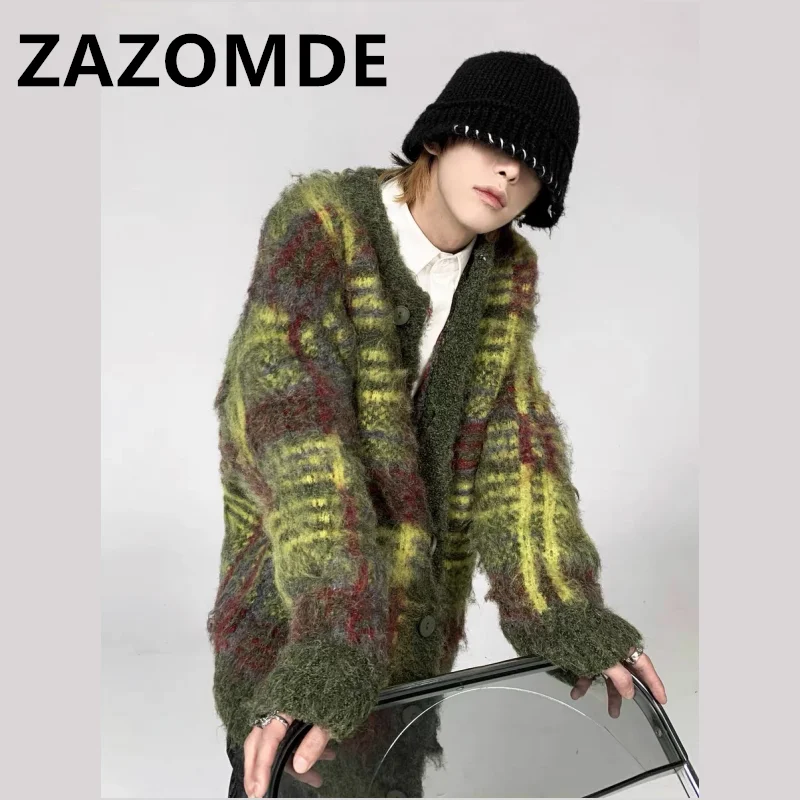 ZAZOMDE Wihter-cárdigan verde a rayas Vintage para hombre, jersey de gran tamaño con botones, Harajuku, Top de punto holgado de Hip Hop