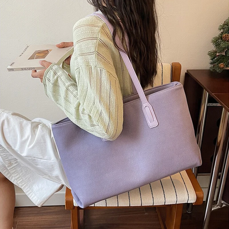 Lavender Purple Large Capacity Tote Bag Women's Soft Leather Shoulder Bag for Work & Travel Solid Color Zipper Simple Handbag