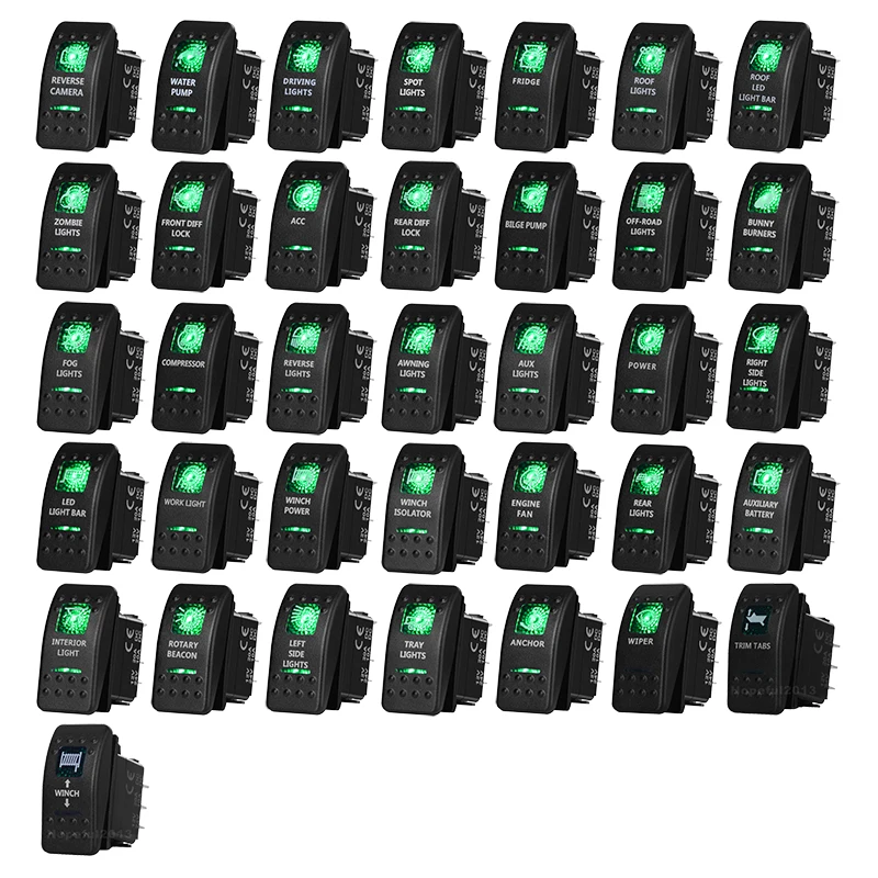 Waterproof Rocker Switch 12V/24V Green LED ON-OFF & ON-OFF-ON Direct Replacement for Narva/Carling Switches