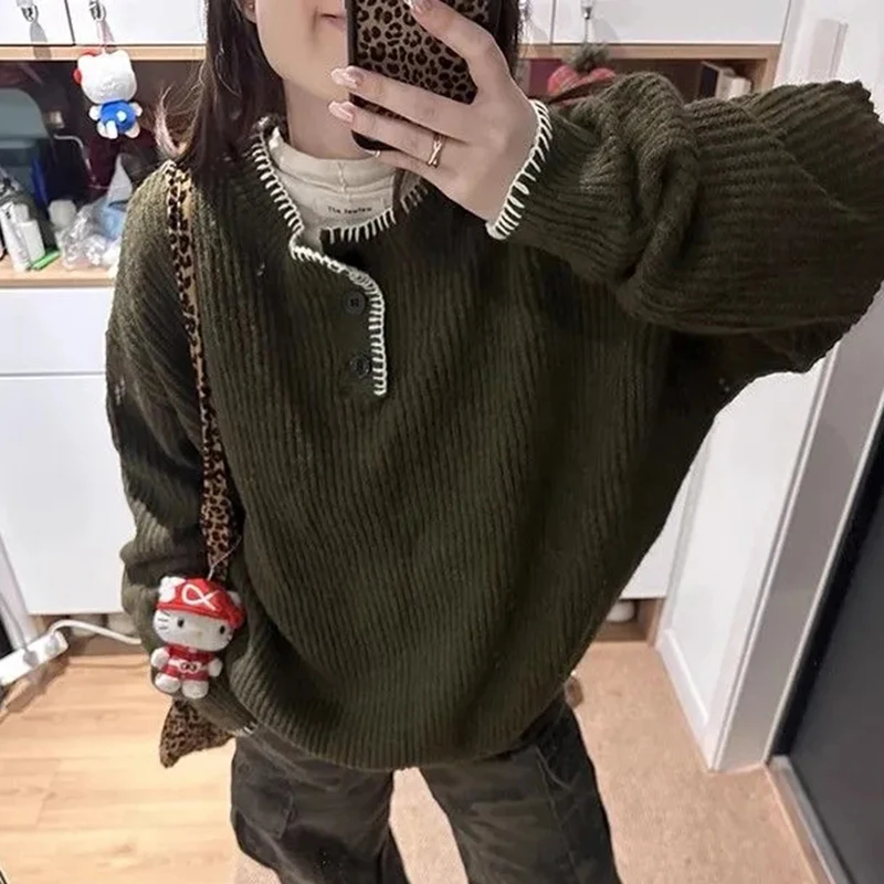 

American Vintage Knit Sweater Women Lazy Loose Long Sleeve Pullover Casual Spring Fall O Neck Harajuku Y2K Chic Top