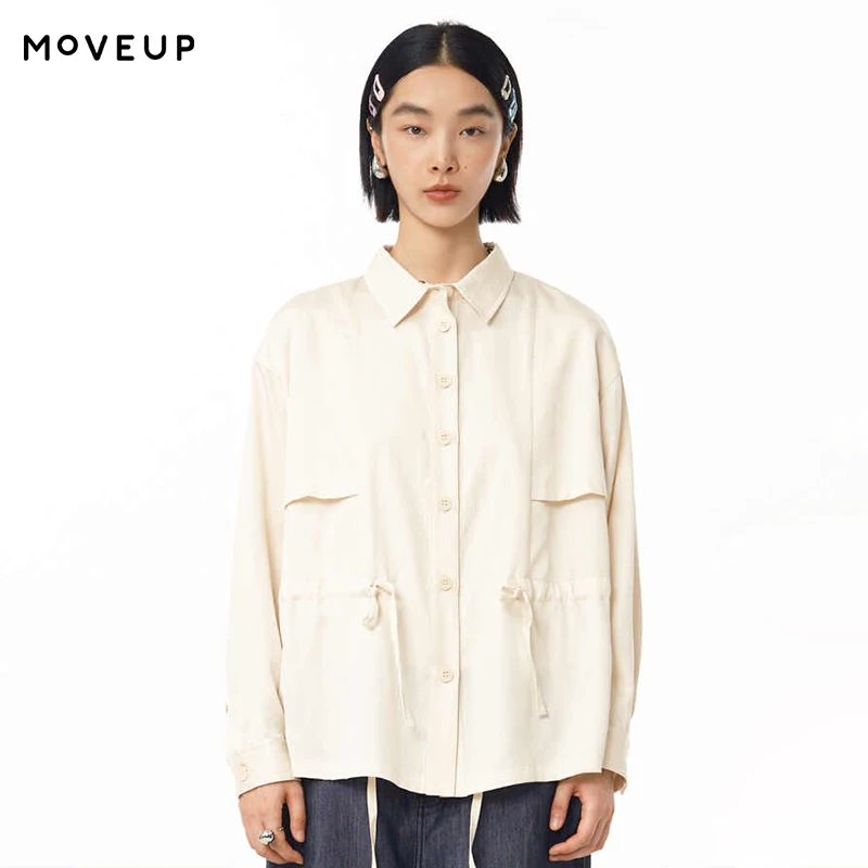 MOVEUP Loose Long Sleeves Shirt 2026 New Spring Drop Sleeves Button Waist Drawstring Splicing Casual Top For Women 125120403