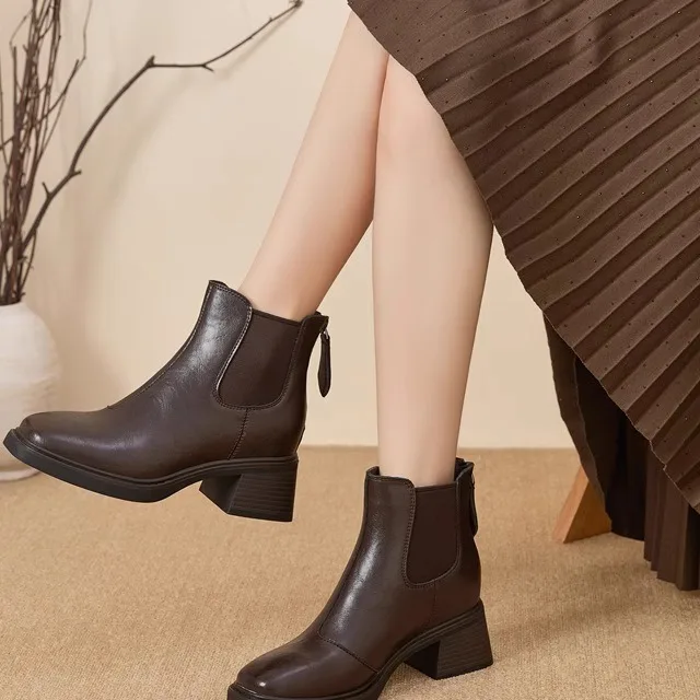 

Fashion Chelsea Boots Women's Invisible High Heel Square Head Leather Short Boots Thick Bottom Rubber Outsole All Season Wear