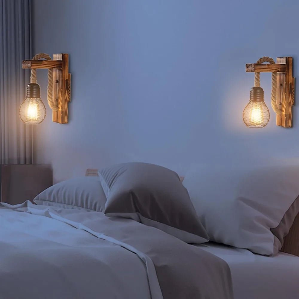 joyinled-ヴィンテージウォールランプ工業用木製鉄麻ロープウォール照明器具廊下レストラン寝室屋内照明用
