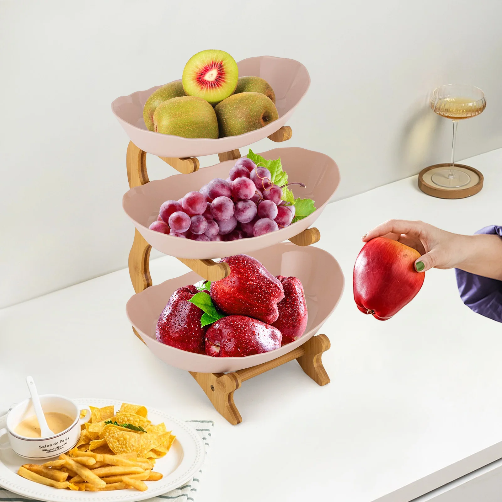 Three Tier Bamboo Fruit Bowl Stand Elegant Design