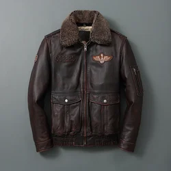 Men's Top Layer Cowhide Moto Jacket Natural Fur Collar Military Leather Coat High Quality Leisure Quilted Leather Jacket