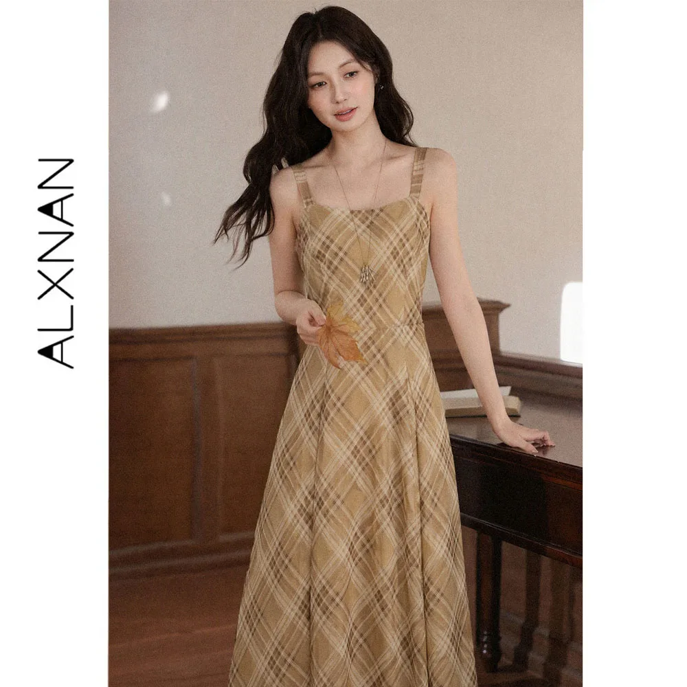 ALXNAN Women's Khaki Plaid Long Dress 2026 Autumn Vintage Elegant Sleeveless Dress Holiday A-line Female Clothing L679252A