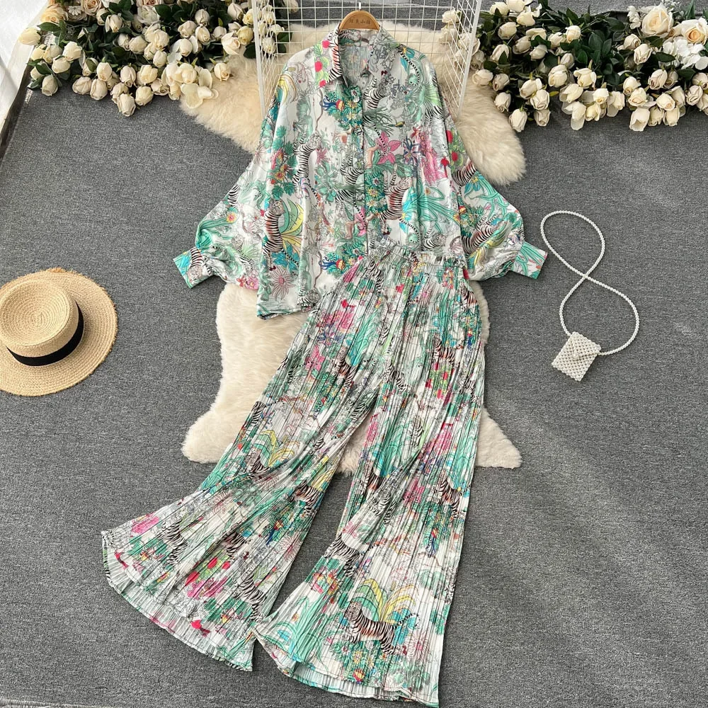 Fashion Women Pajamas 2-piece Sets Lantern Sleeve Printed Shirt Top + High Waist Casual Wide Leg Pants Two-piece Set Sleepwear