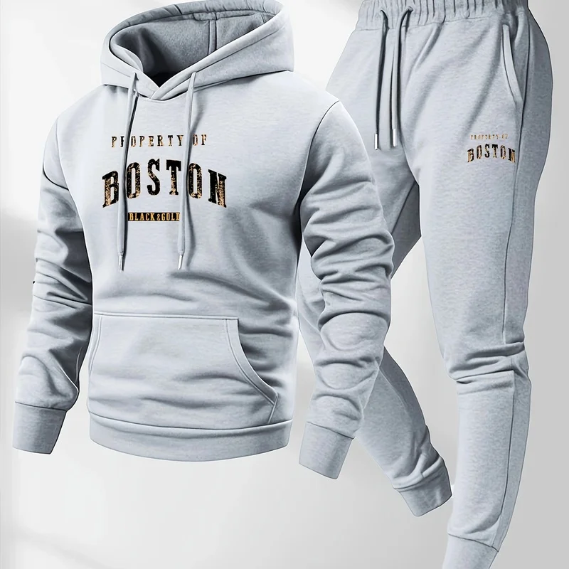 Mens 2026 soft comfortable Boston print hooded sweatshirt sweatpants set eco-friendly thin velvet warm autumn winter hoodies view 3