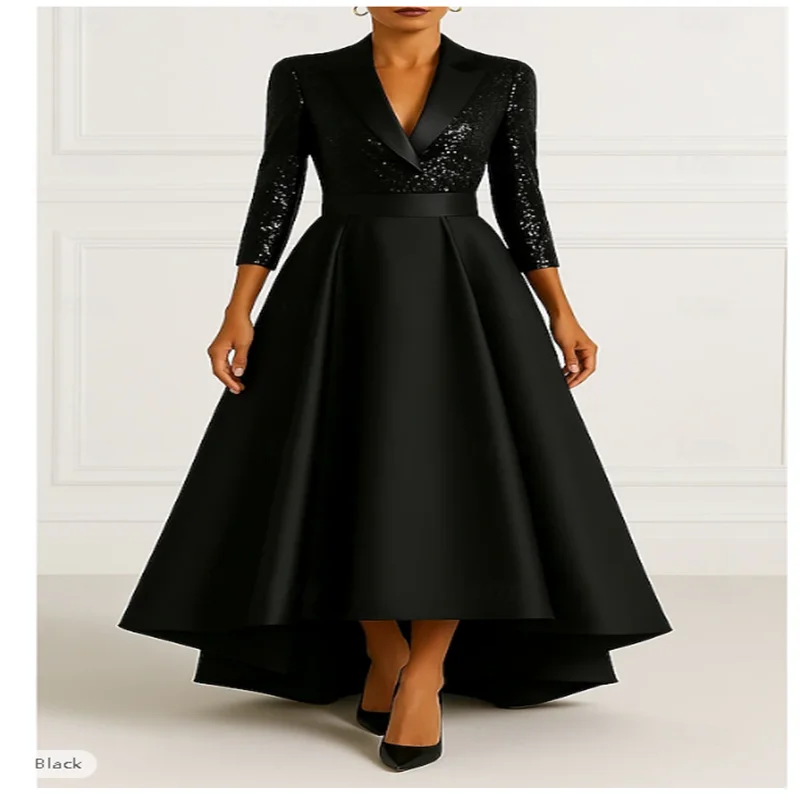 Tuxedo Dress High-low Mother's Dress Formal Wedding Wedding Guest Sequin Elegant 3/4 Sleeve Pleated Floor Length Notched Lapels