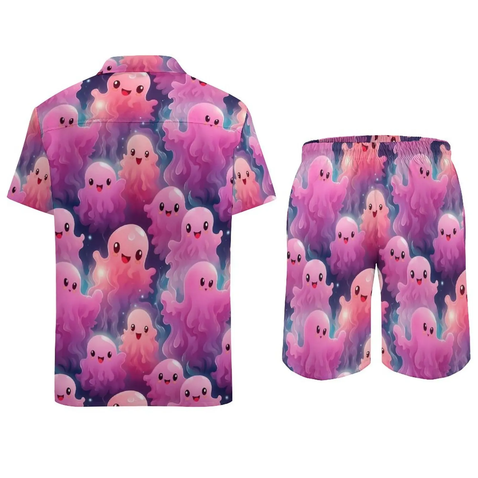 Pink Ghost Men Sets Funny Halloween Casual Shorts Summer Trendy Beach Shirt Set Short-Sleeve Oversized Suit Birthday Present