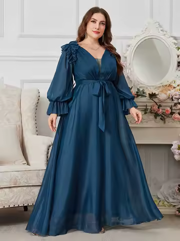 UNITHORSE Plus Size V-Neck Long Sleeve Maxi Dress for Bridesmaid Evening Gown Elegant Floor-Length A-Line Dress
