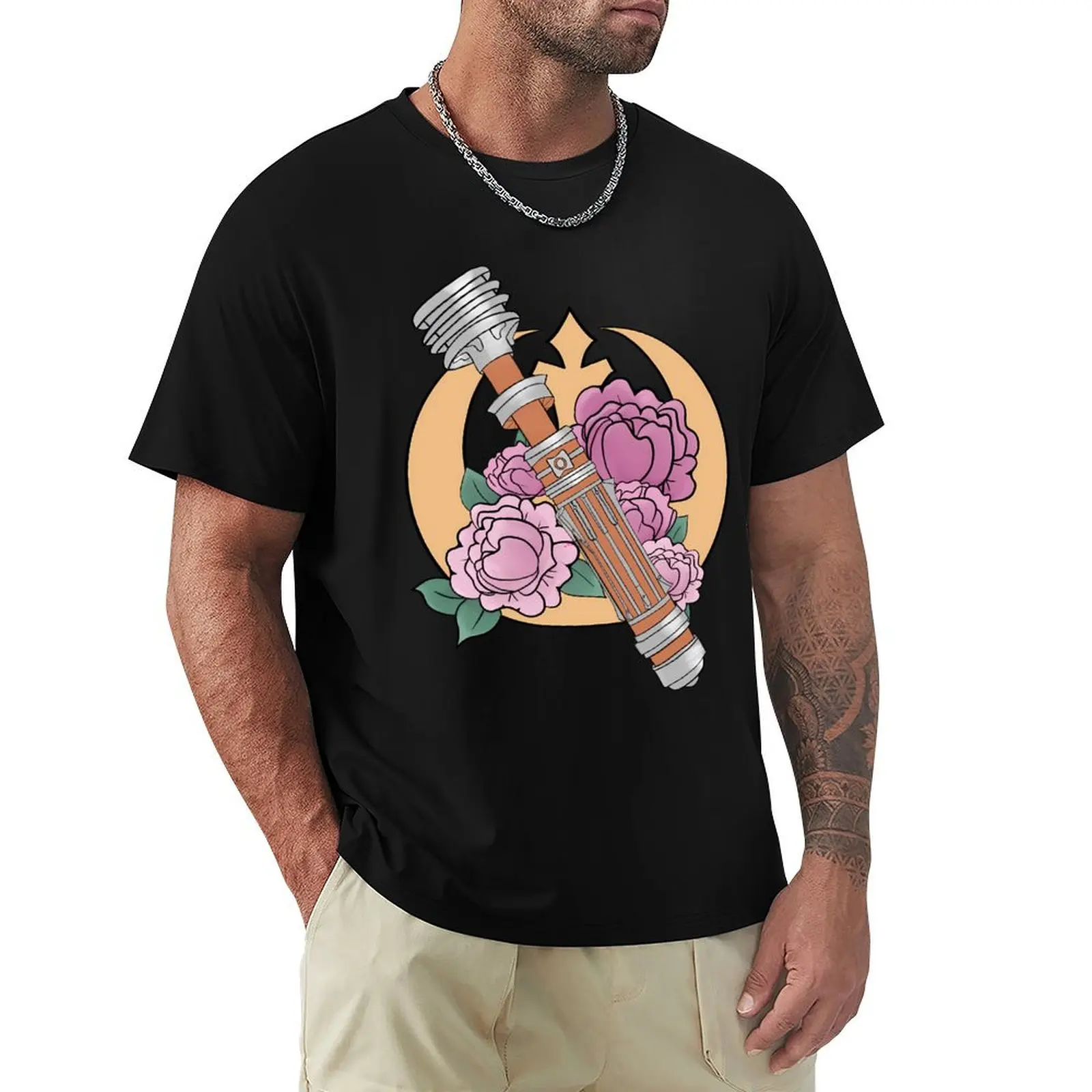 Space Mom Space Sword on Peonies Leia Organa's Lightsaber Fan Art T-Shirt Anti-Pilling Casual T-Shirt