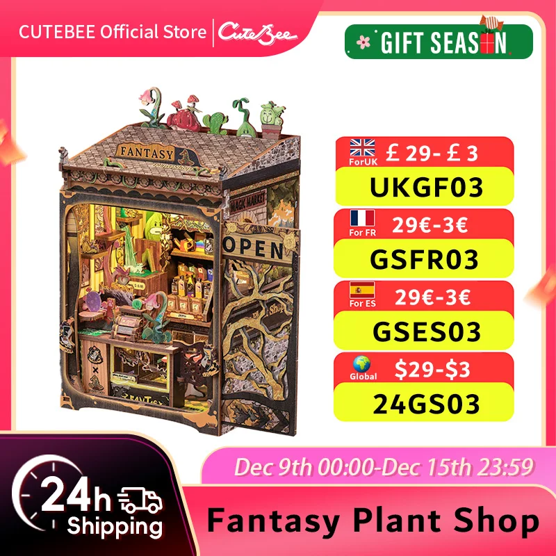 CUTEBEE-DIY Mini Dollhouse Com Luz, Inserção De Estante De Madeira, Fantasia Planta Loja Estante, Decoração 3D Puzzle, Presentes