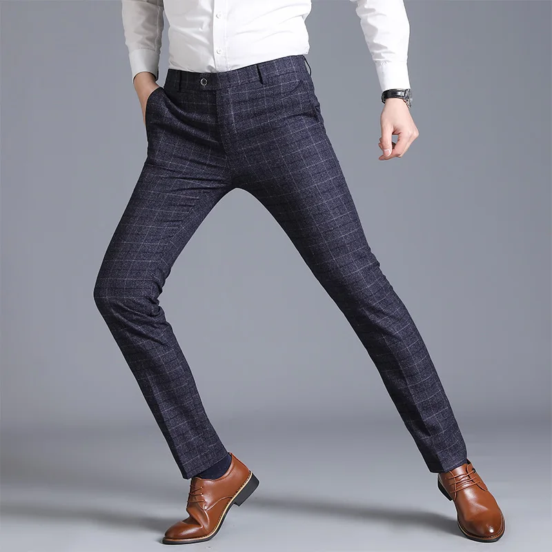 2026 Men's Blue Vertical Striped Suit Pants, Black Business Casual Trousers, Asian Sizes 28-40, Burgundy and Gray Plaid Pant.
