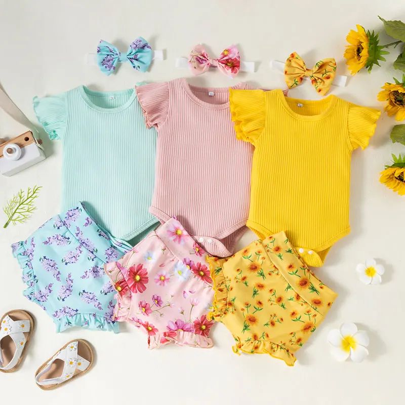 0M-24M Baby Girl Euro-American Pit Strip Solid Color Top With Printed Shorts and Bow Three-piece Children's Suit for Summer Wear