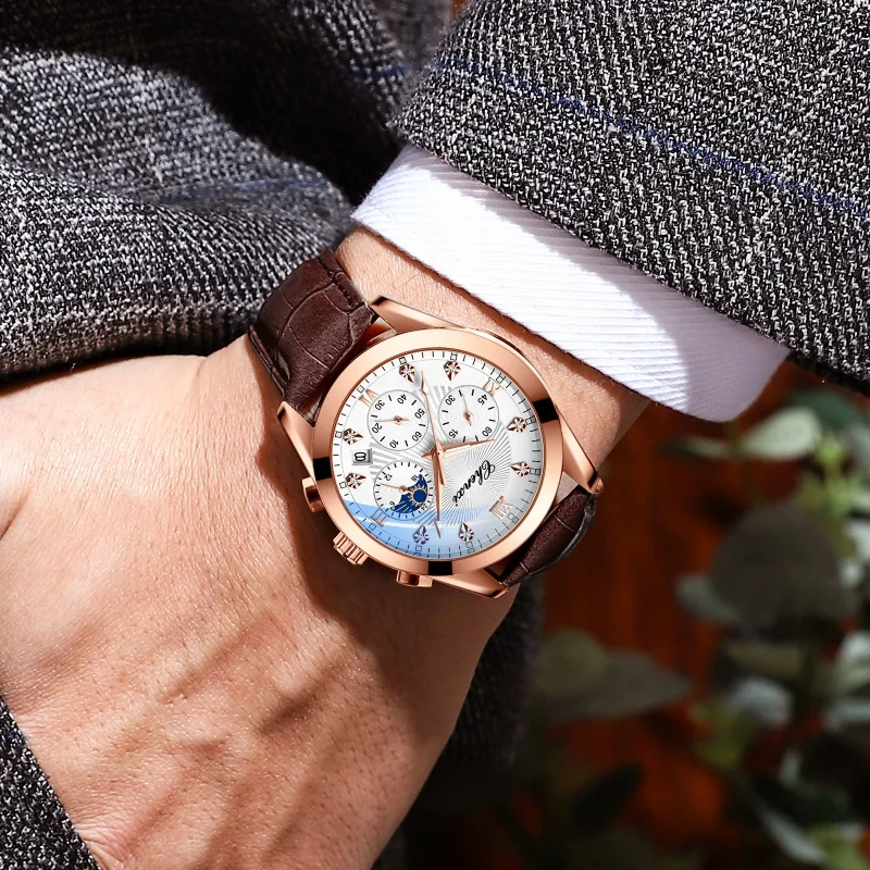 CHENXI 903 Relógio de quartzo masculino elegante cronógrafo fase da lua calendário luminoso pulseira de couro à prova d'água relógios de moda para homens