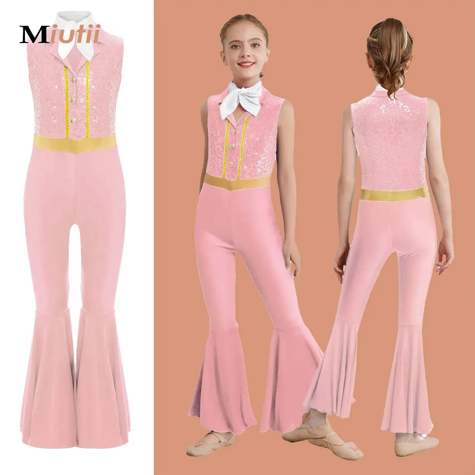 

Kids Girls Sequins Jumpsuit Hippie 70s 80s Disco Jazz Bell-Bottom Full Body Leotard+Scarf for Performance Competition Dancewear