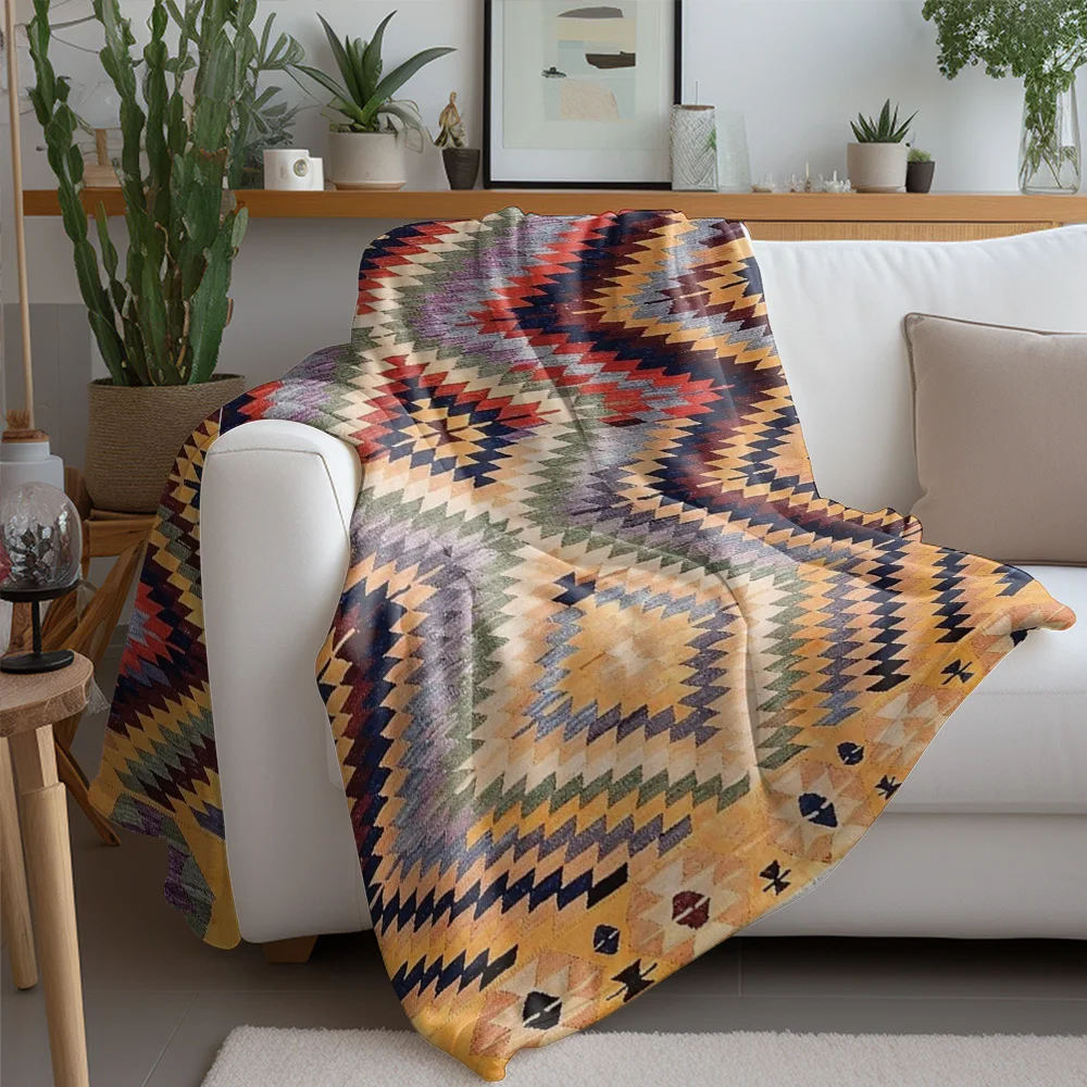 Geometric Navajo Blanket Throw Rug Kilim Tribal Bed Sofa Decor Warm Fuzzy Textured Cotton Rectangle