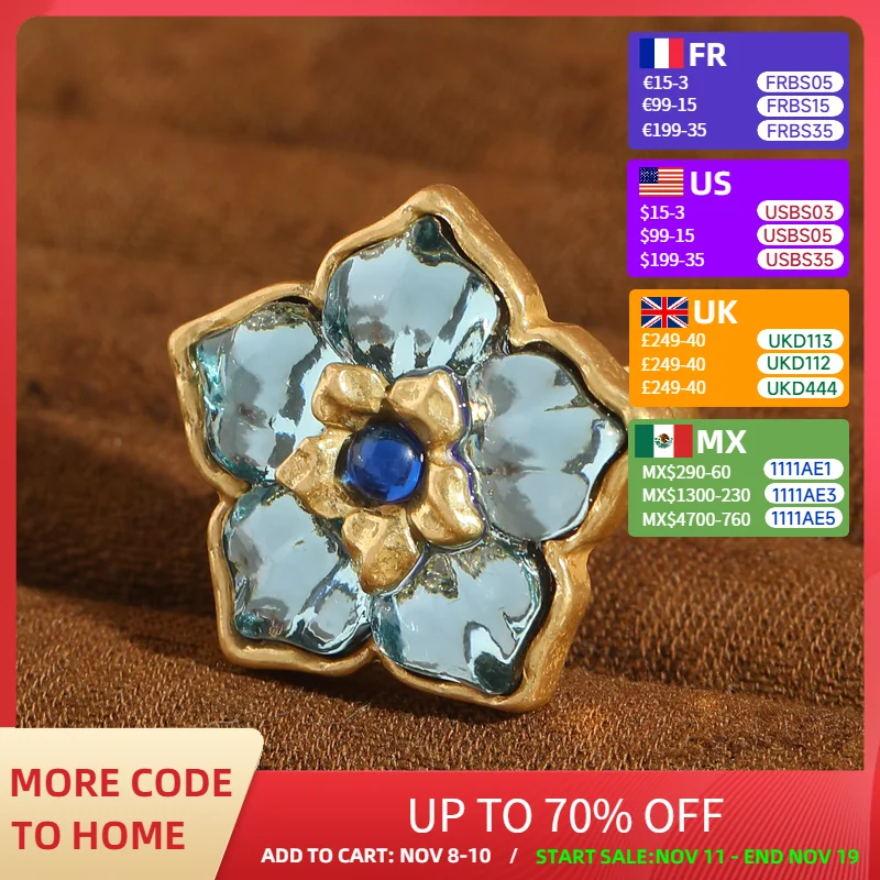

Vintage Glass Flower Rings For Woman Blue Crystal Five Petal Finger Accessories Antique Gold Color Luxury High Quality Jewelry