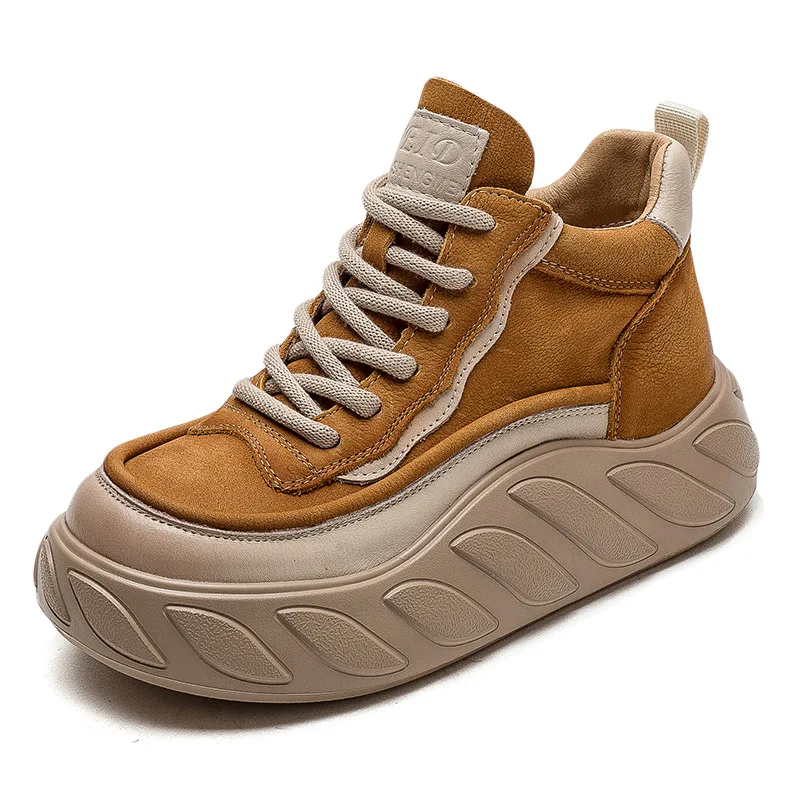 

4CM Autumn Winter Women Boots Quality Cow Leather Mixed Colors Lace-Up Ankle Boots For Women High Top Flat Platform Shoes