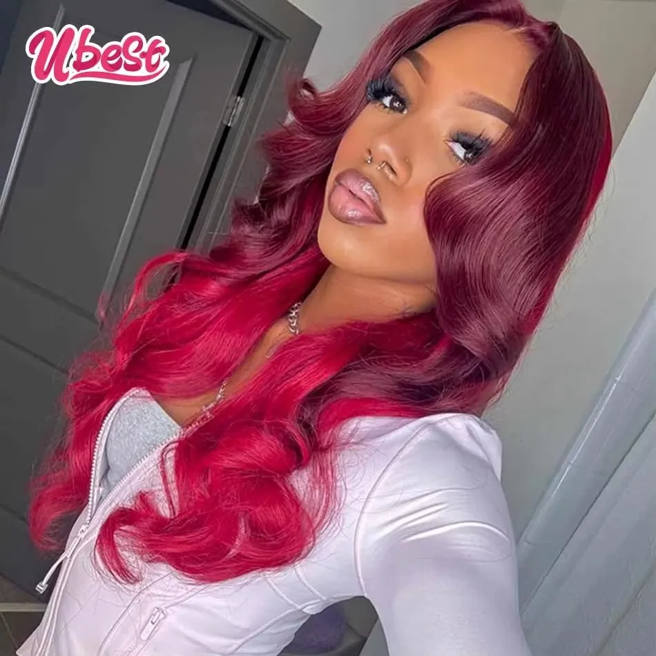 

Ubest 13X6 Transparent Lace Front Wigs Body Wave 100％ Human Hair Ombre Red Colored 5X5 Lace Closure Wig Pre Plucked For Women