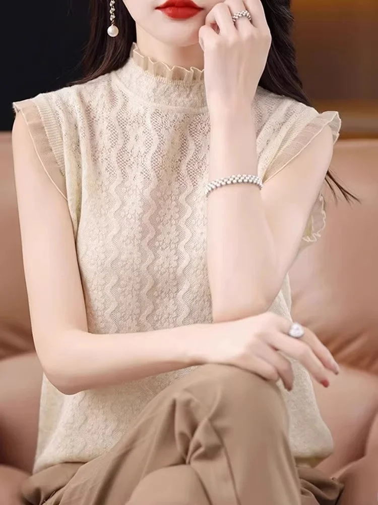 

Faionable Lace f High Collar Svel Knitted Vest Hollow out Design Overhead Women's Sweater Korean Sle Commute Wind