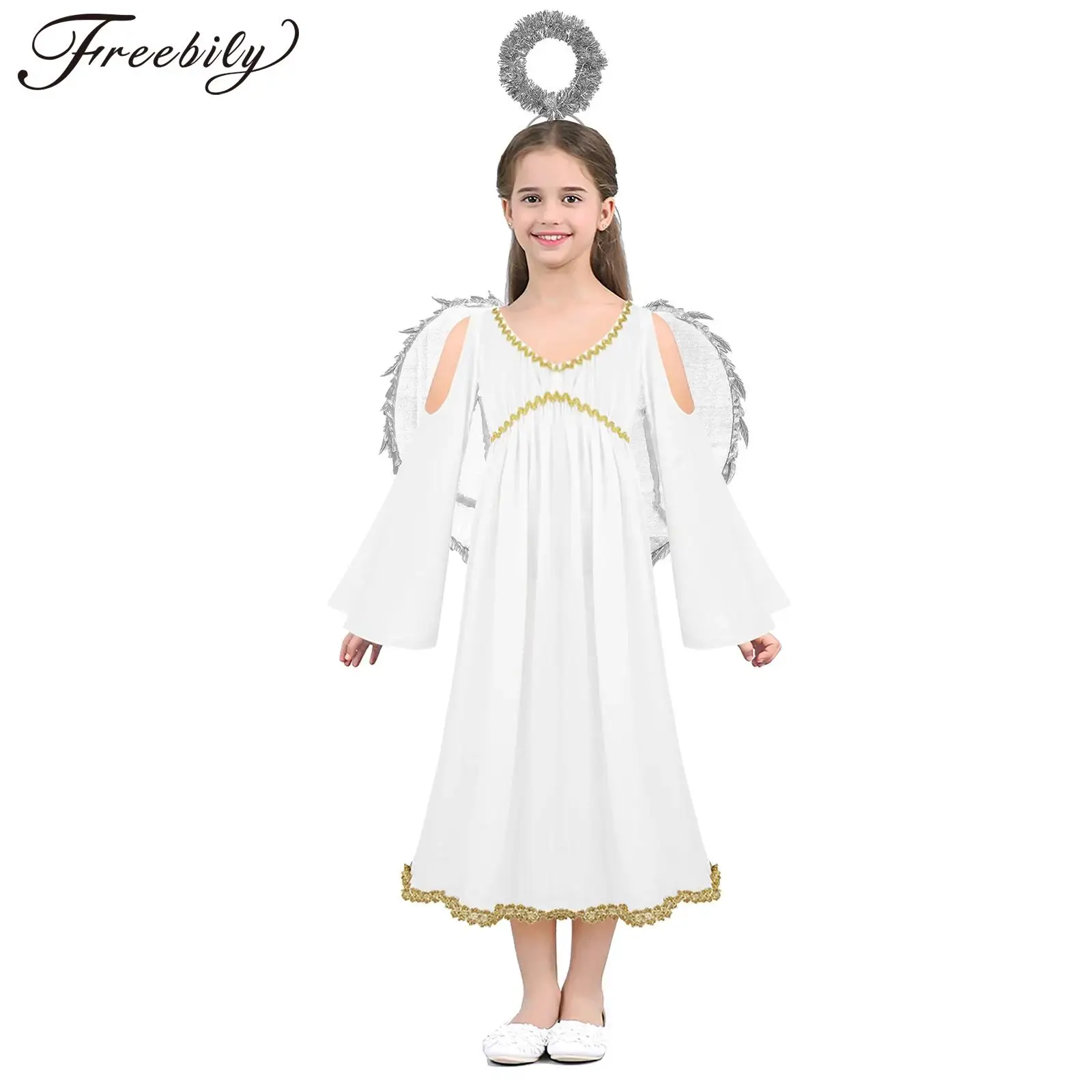 Kids Girls Angel Princess Cosplay Dress Long Sleeves Gold Trim Dress Role Play Party Costumes for Christening Baptism Dress Up