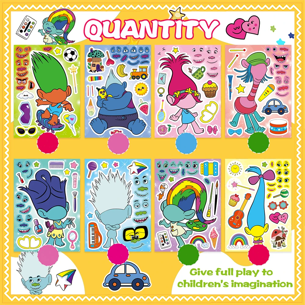 8/16sheets Cartoon Make a Face Trolls Puzzle Stickers Children Make Your Own DIY Game Decals Kid Assemble Jigsaw Educational Toy